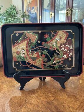 Decorative Japanese-Style Black Lacquerware Tray in a Floral Banner Design